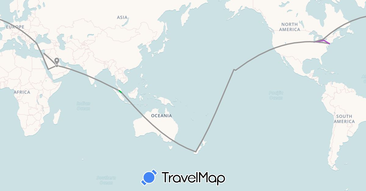 TravelMap itinerary: driving, bus, plane, train in Canada, Lebanon, Malaysia, New Zealand, Saudi Arabia, Singapore, Turkey, United States (Asia, North America, Oceania)